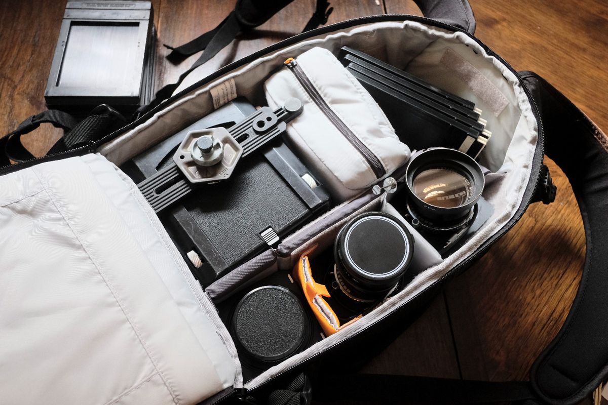 Wista VX with four lenses packed into a Lowepro 400 Flipside bag