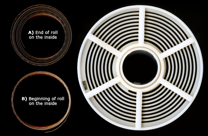 Development reels with rolls of 35mm film.
