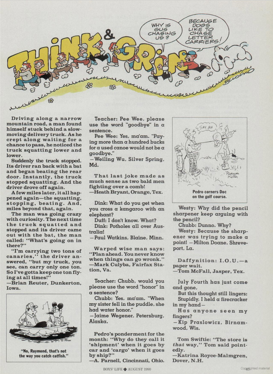 The plagarized joke in Think &amp;amp;amp; Grin - Boys&amp;amp;#39; Life - August 1990