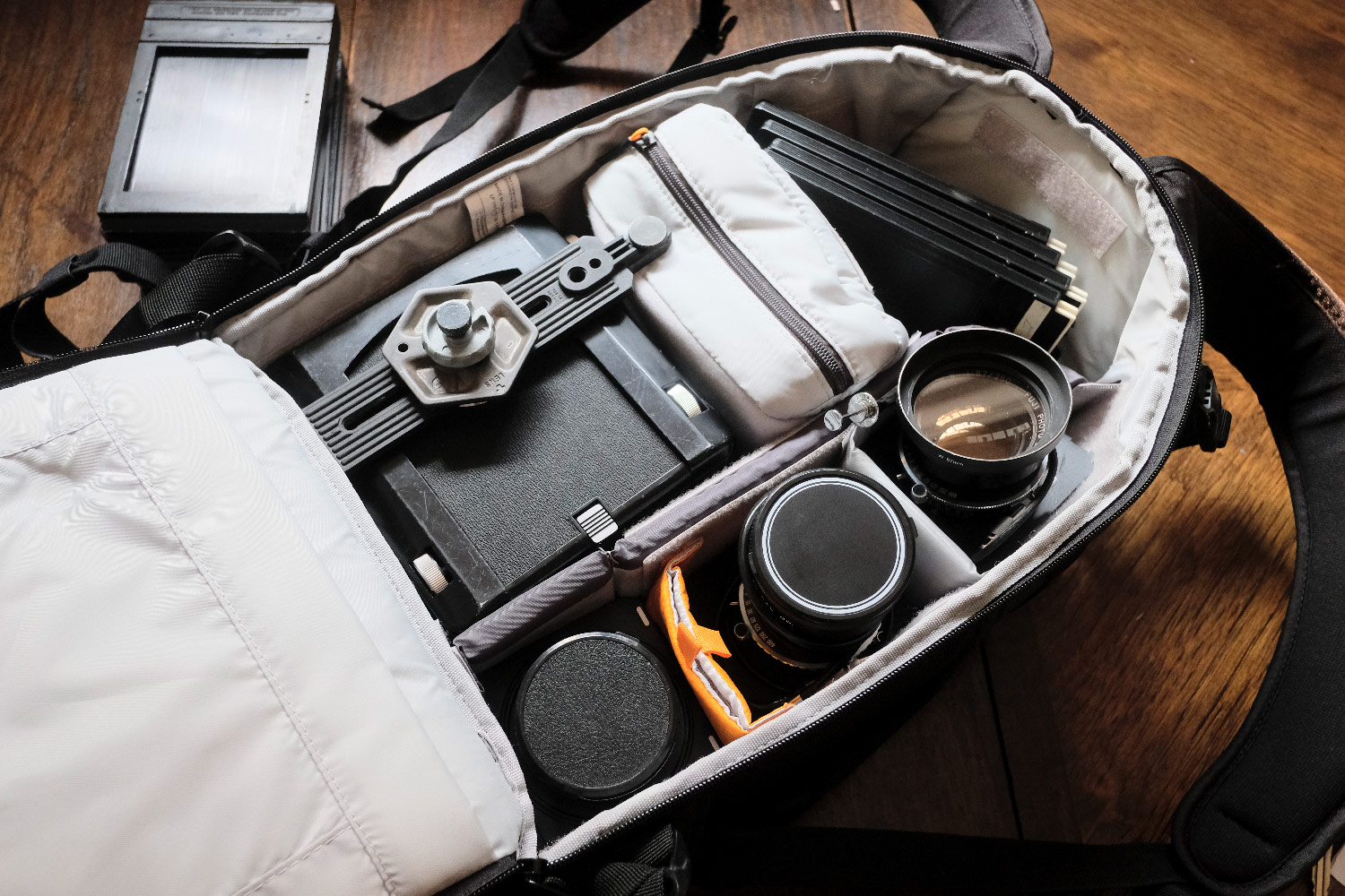 Wista VX with four lenses packed into a Lowepro 400 Flipside bag